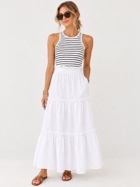 Tuckernuck Prado White Seersucker Tiered Maxi Skirt Large NWOT